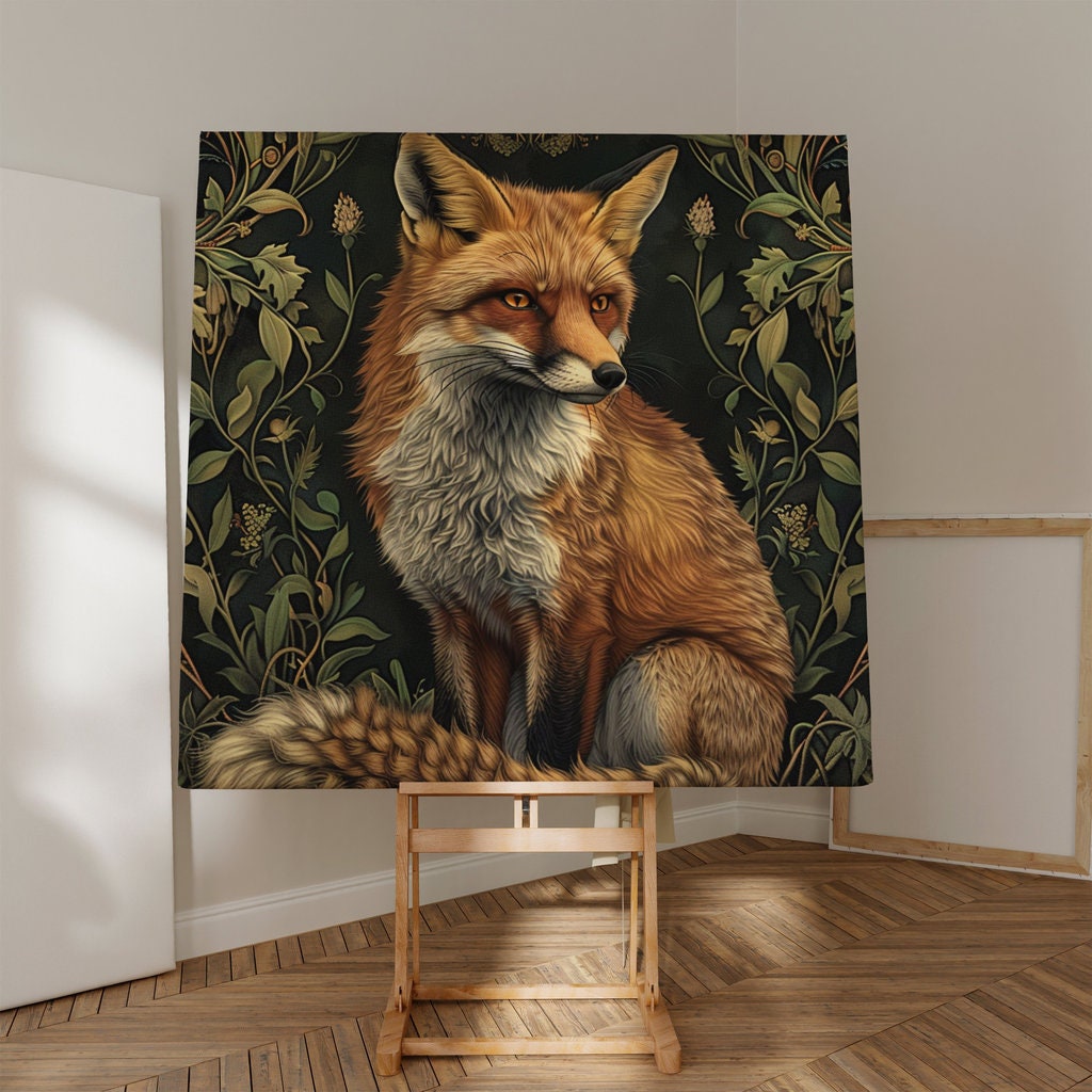 Majestic Red Fox Art Nouveau Elegance with Piercing Amber Eyes Interactive Wall Art