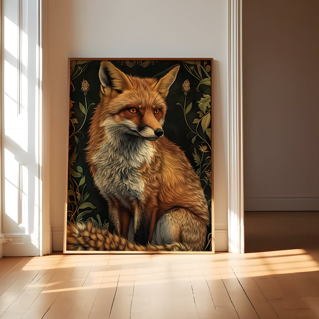 Majestic Red Fox Art Nouveau Elegance with Piercing Amber Eyes Interactive Wall Art