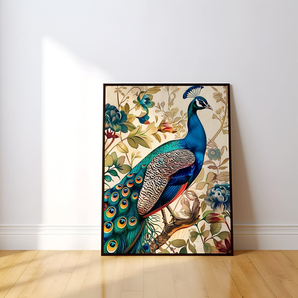 Majestic Peacock Perched on Branch with Vibrant Blue and Green Interactive Wall Art