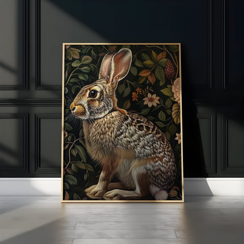 The Garden Guardian: Whimsical Jackrabbit in a Lush Floral Haven | Dark Botanical Art