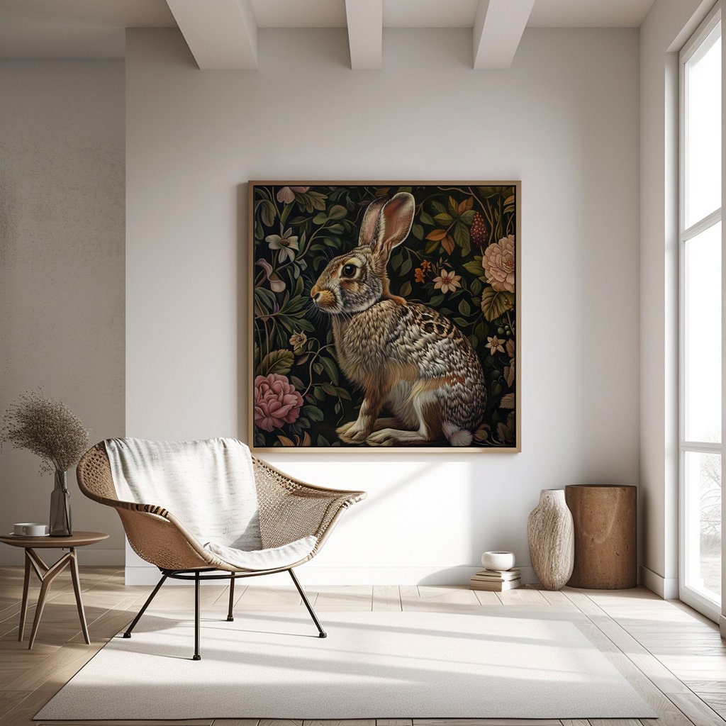 The Garden Guardian: Whimsical Jackrabbit in a Lush Floral Haven | Dark Botanical Art
