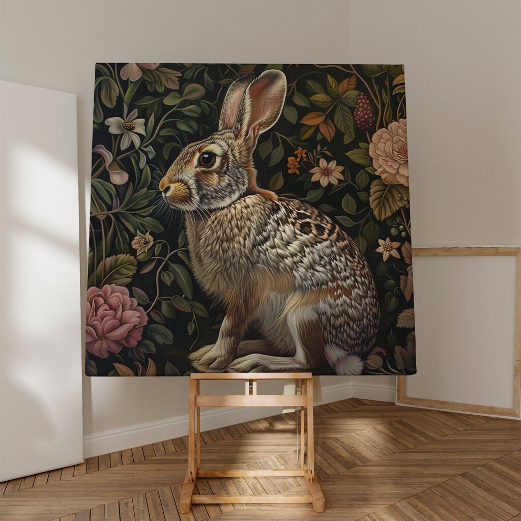 The Garden Guardian: Whimsical Jackrabbit in a Lush Floral Haven | Dark Botanical Art
