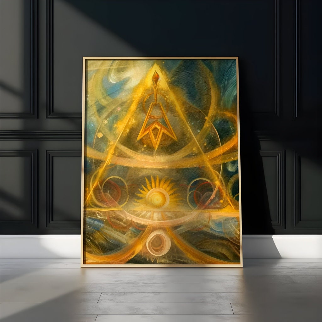 Cosmic Ascension Glowing Golden Pyramid with Ethereal Sun Interactive Wall Art