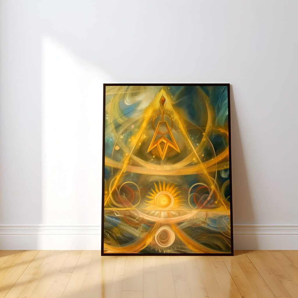 Cosmic Ascension Glowing Golden Pyramid with Ethereal Sun Interactive Wall Art