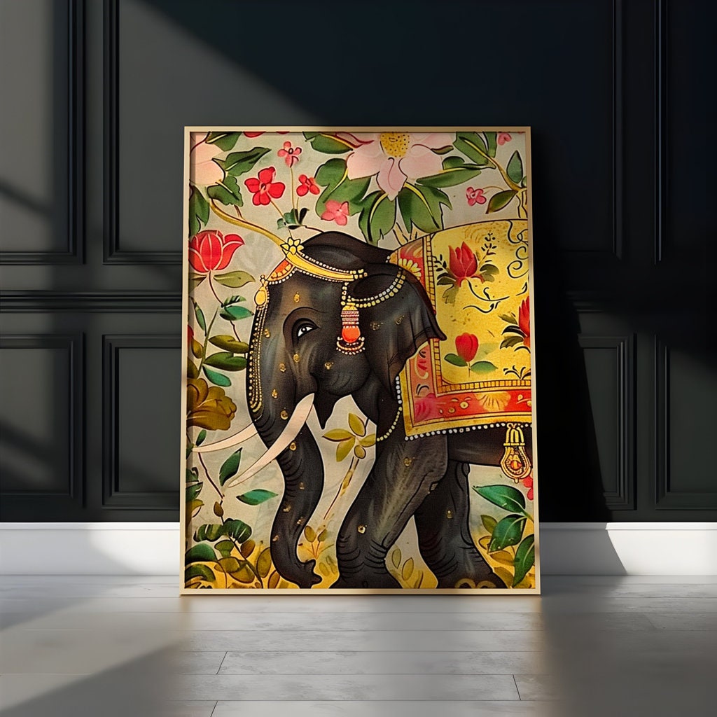 Regal Elephant Splendor Majestic Indian Elephant Adorned with Ornate Lush Floral Interactive Wall Art