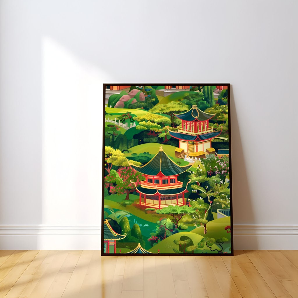 Enchanted Garden: Whimsical Chinese Pagoda & Cherry Blossom Art | Playful & Serene Landscape Decor