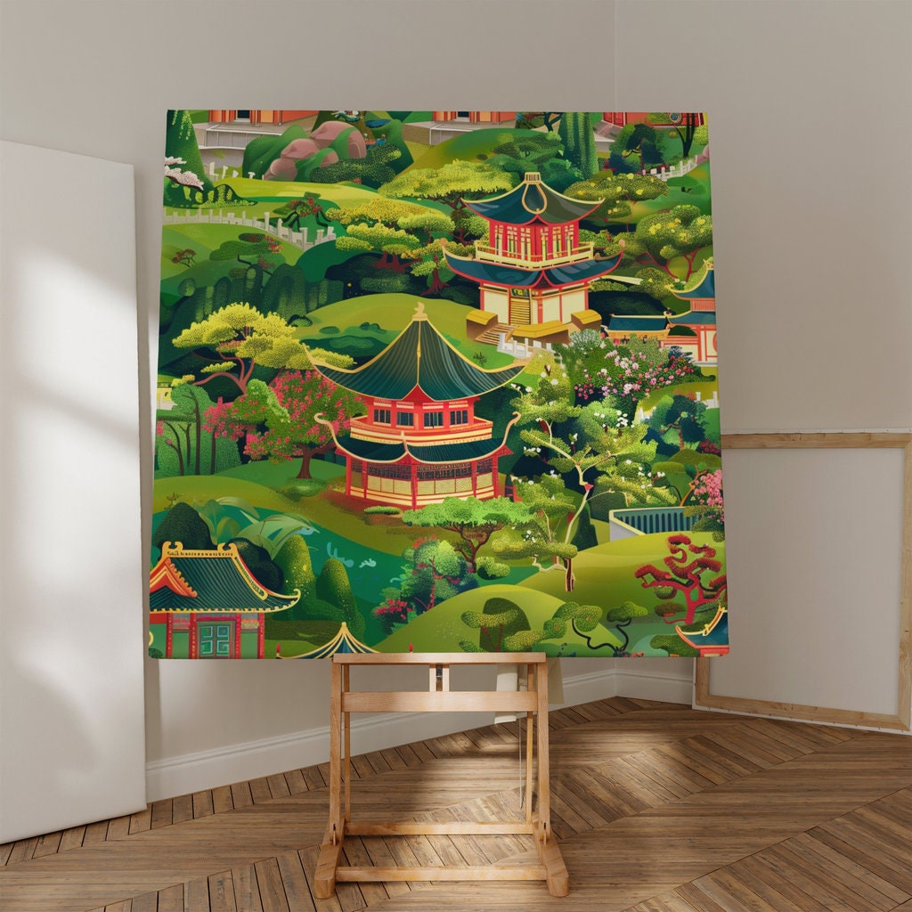 Enchanted Garden: Whimsical Chinese Pagoda & Cherry Blossom Art | Playful & Serene Landscape Decor