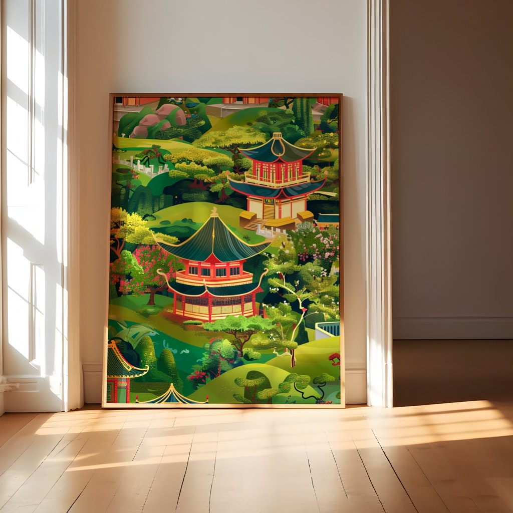 Enchanted Garden: Whimsical Chinese Pagoda & Cherry Blossom Art | Playful & Serene Landscape Decor