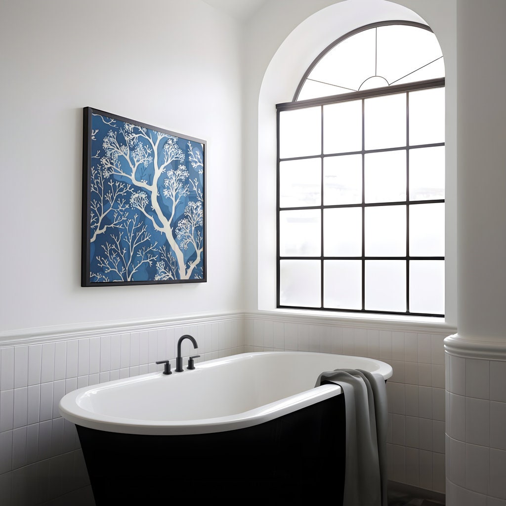 The Blue Forest: Delicate White Tree & Leaf Batik Pattern | Serene & Elegant Wall Decor