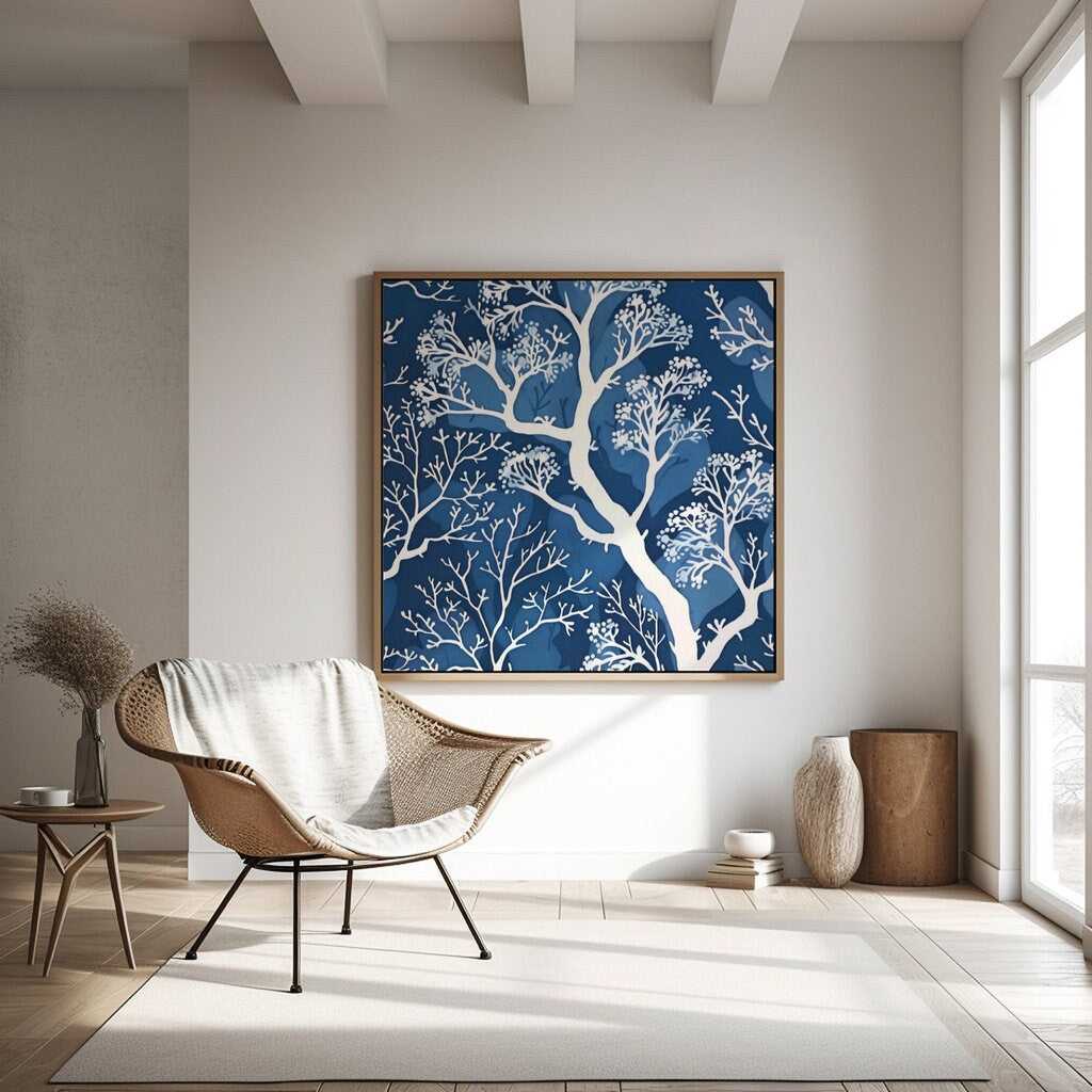 The Blue Forest: Delicate White Tree & Leaf Batik Pattern | Serene & Elegant Wall Decor