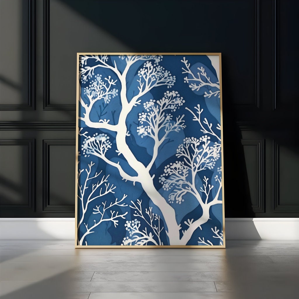 The Blue Forest: Delicate White Tree & Leaf Batik Pattern | Serene & Elegant Wall Decor