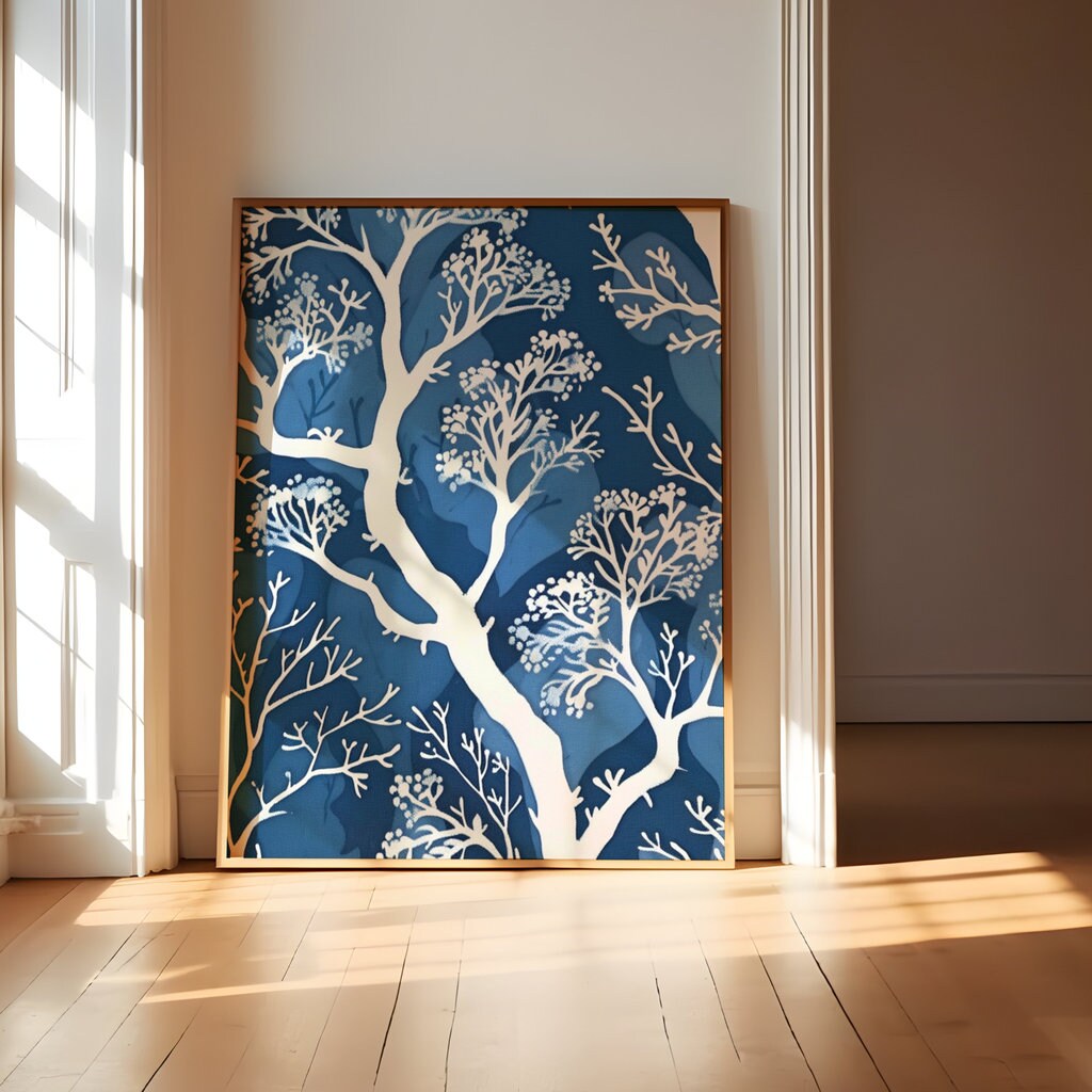 Delicate Trees White Stylized Trees on Blue Background in Batik Style Interactive Wall Art