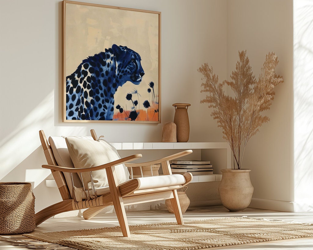 Surreal Leopard in Desert Dark Spots Against Vibrant Orange Interactive Wall Art