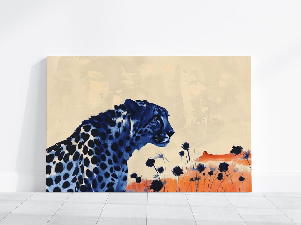 Surreal Leopard in Desert Dark Spots Against Vibrant Orange Interactive Wall Art