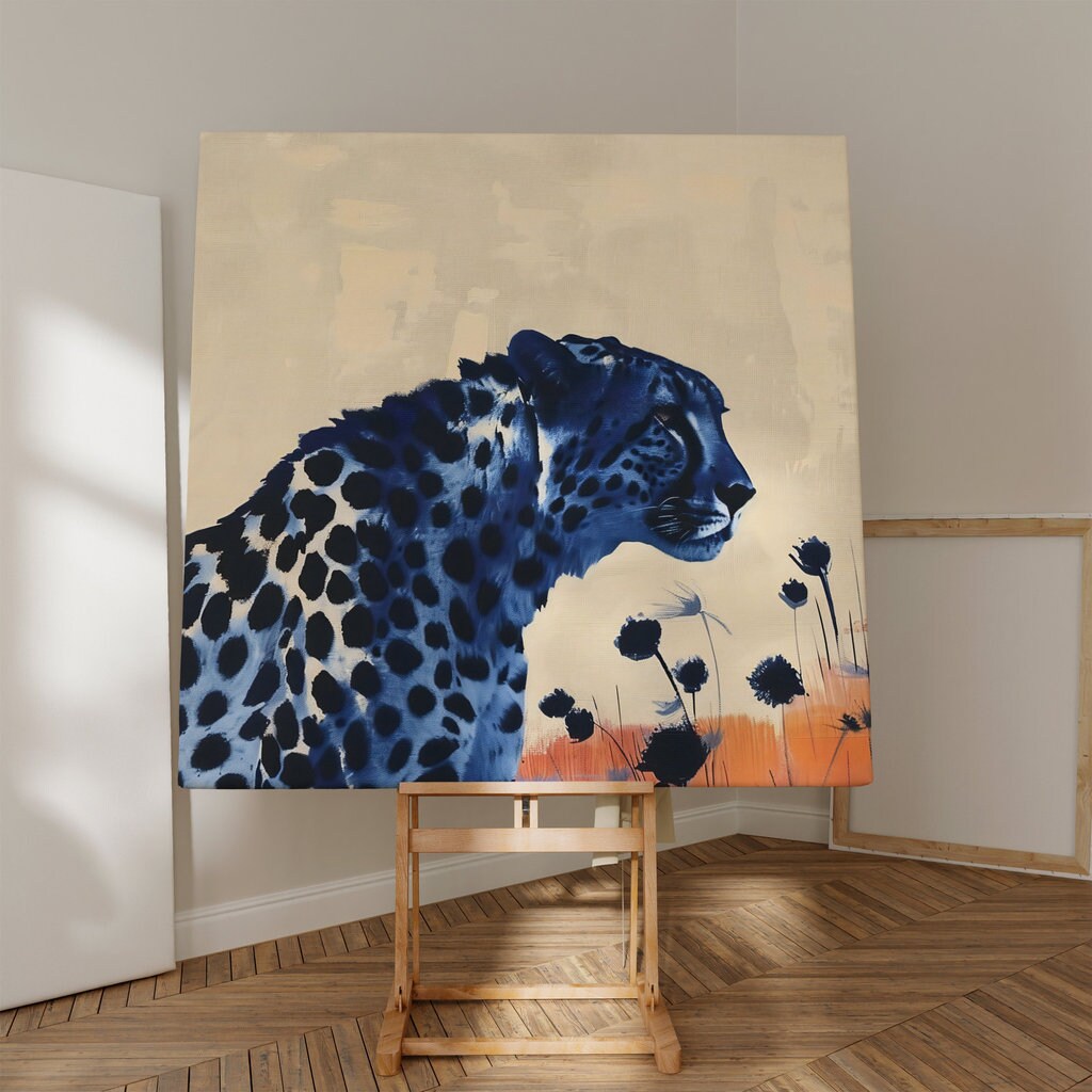 Surreal Leopard in Desert Dark Spots Against Vibrant Orange Interactive Wall Art