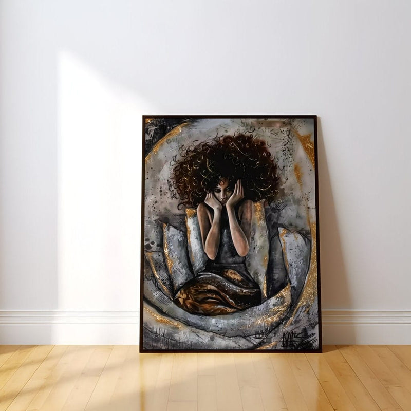 Ethereal Meditating Woman Art – Mystical Wall Decor | Serene Abstract Gold Accent Print