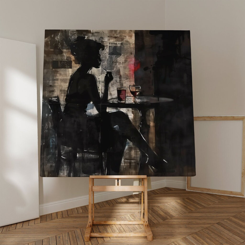 Moody Urban Silhouette Woman with Wine Cinematic and Dramatic Interactive Wall Art