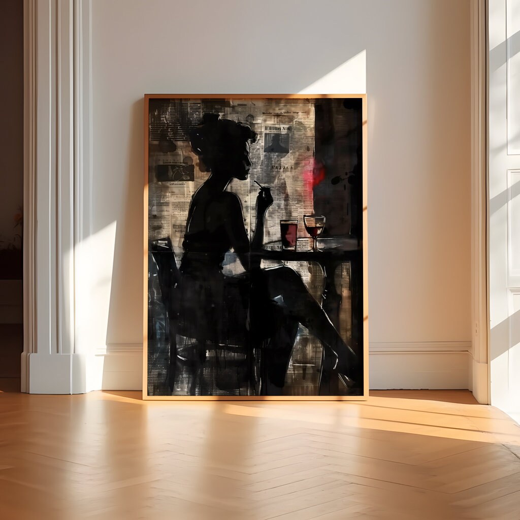 Moody Urban Silhouette Woman with Wine Cinematic and Dramatic Interactive Wall Art