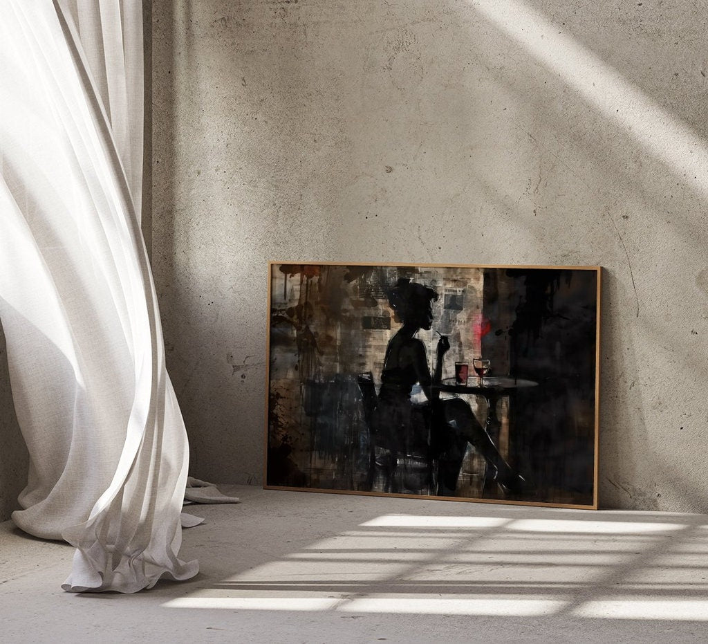 Moody Urban Silhouette Woman with Wine Cinematic and Dramatic Interactive Wall Art