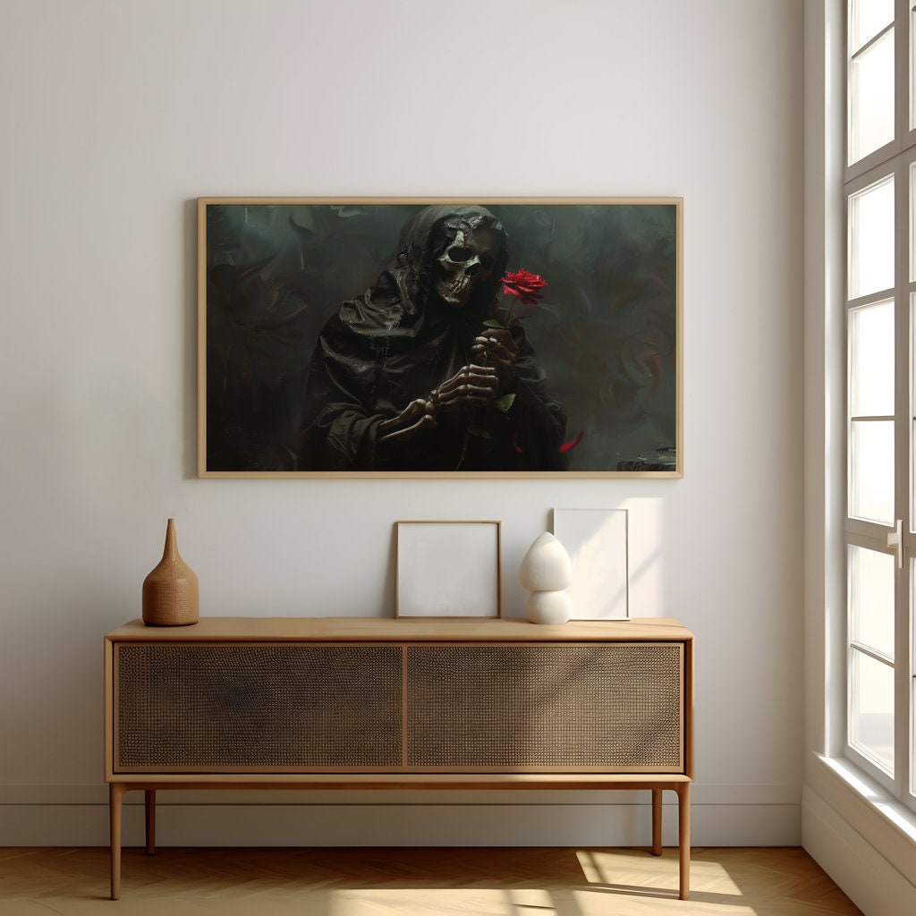 Dark Enigma Figure with Red Rose in Moody Lighting Interactive Wall Art