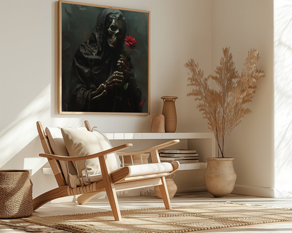 Dark Enigma Figure with Red Rose in Moody Lighting Interactive Wall Art