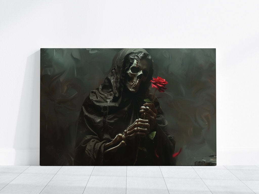 Dark Enigma Figure with Red Rose in Moody Lighting Interactive Wall Art