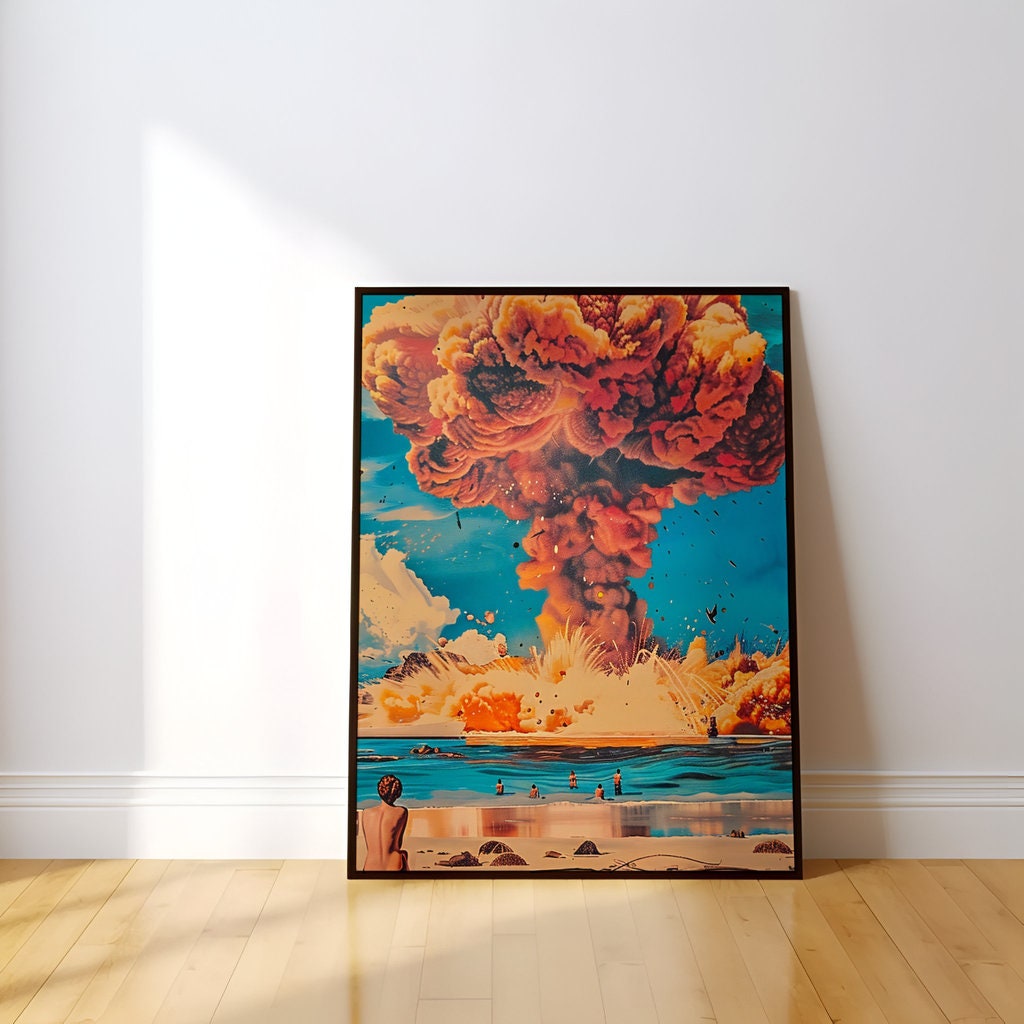 Dramatic Nuclear Explosion Mushroom Cloud Over Beach Interactive Wall Art