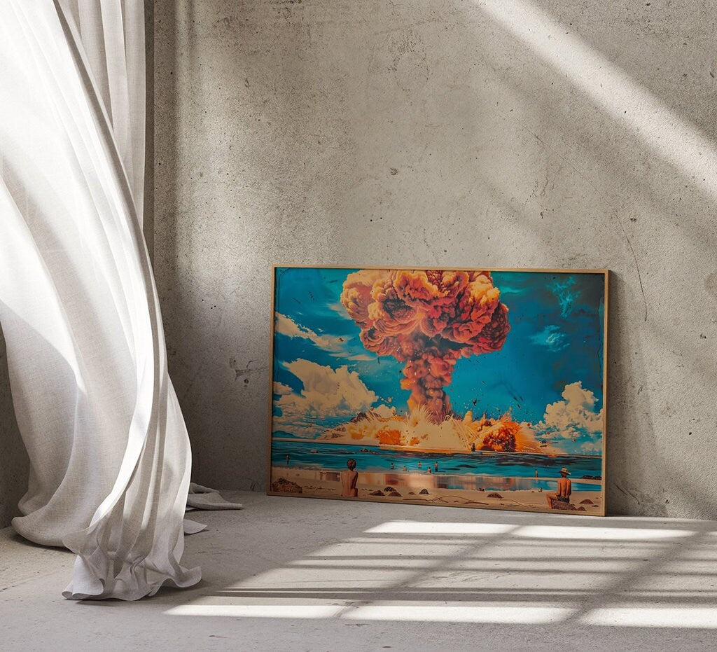 Dramatic Nuclear Explosion Mushroom Cloud Over Beach Interactive Wall Art