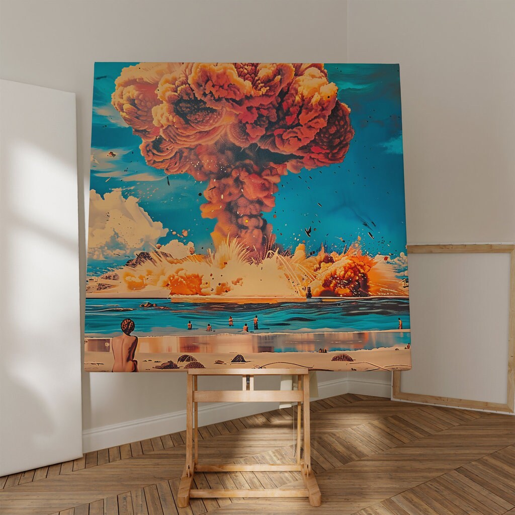 Dramatic Nuclear Explosion Mushroom Cloud Over Beach Interactive Wall Art