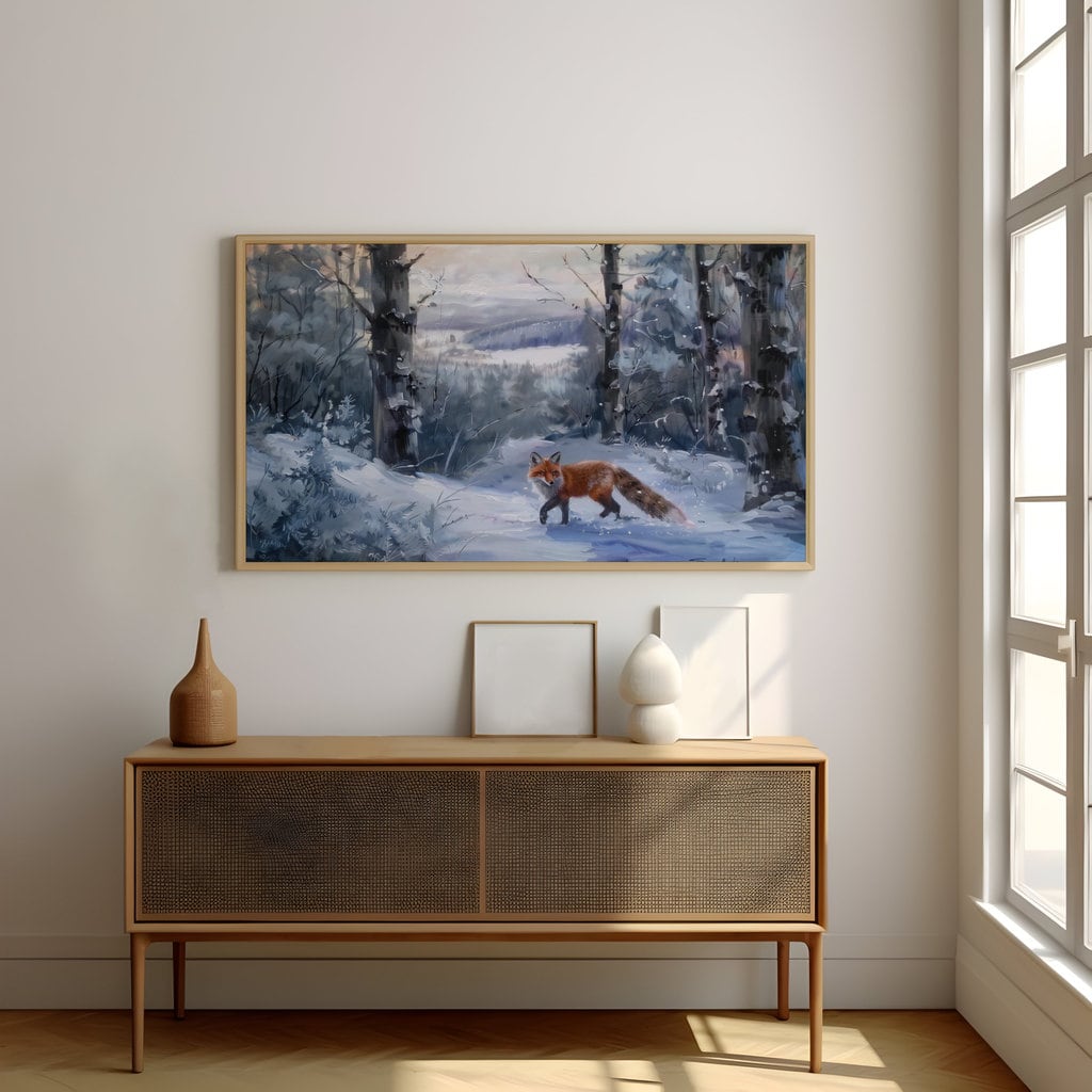 Winter Fox Serene Forest Landscape with Dreamlike Quality Interactive Wall Art