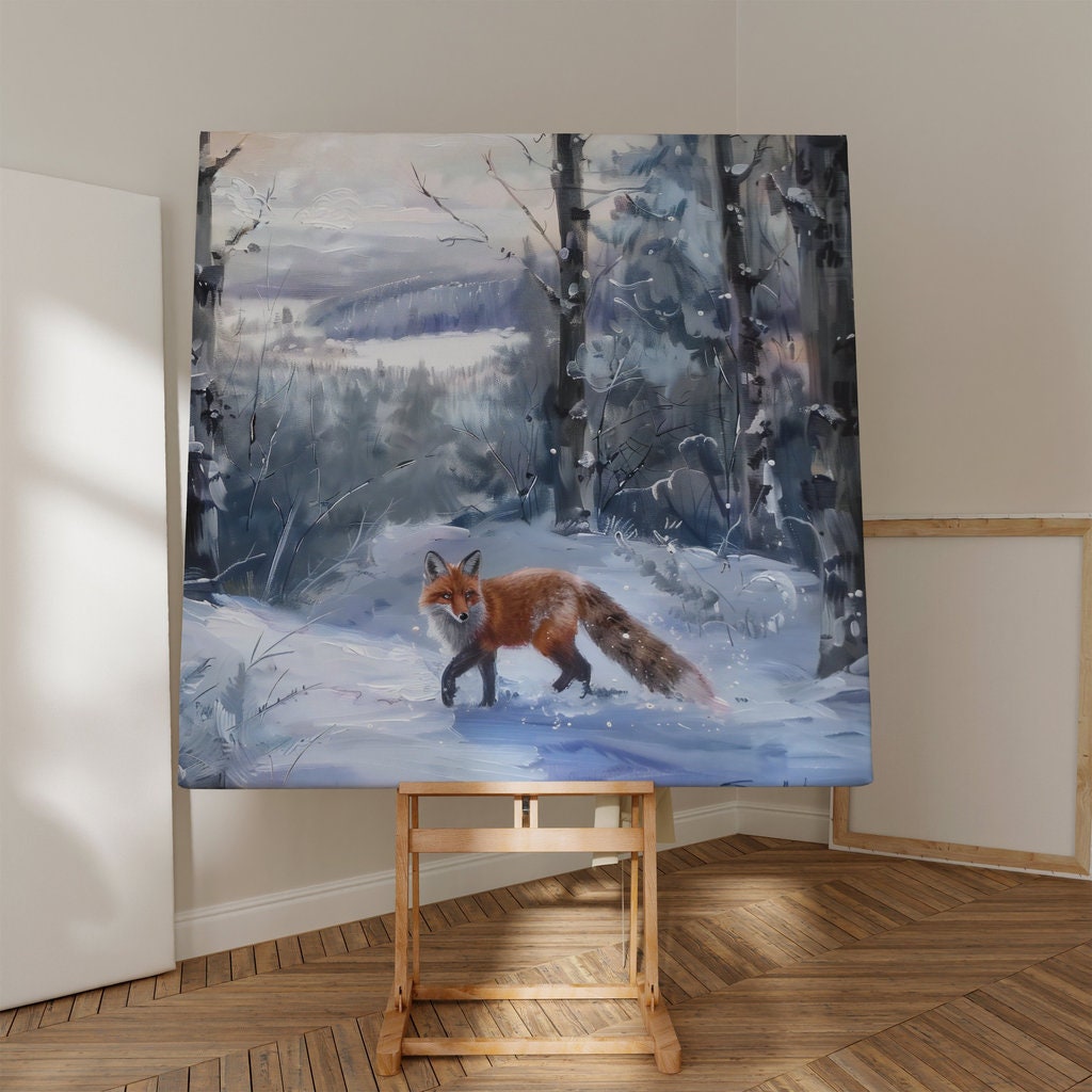 Winter Fox Serene Forest Landscape with Dreamlike Quality Interactive Wall Art