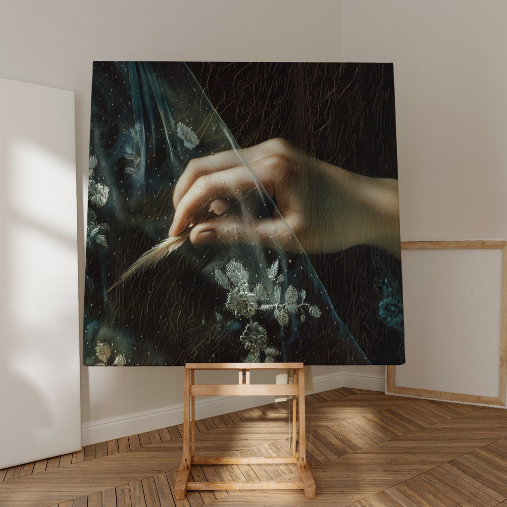 Whispering Grace Woman's Hand Holding Delicate Feather Behind Sheer Veil Interactive Wall Art