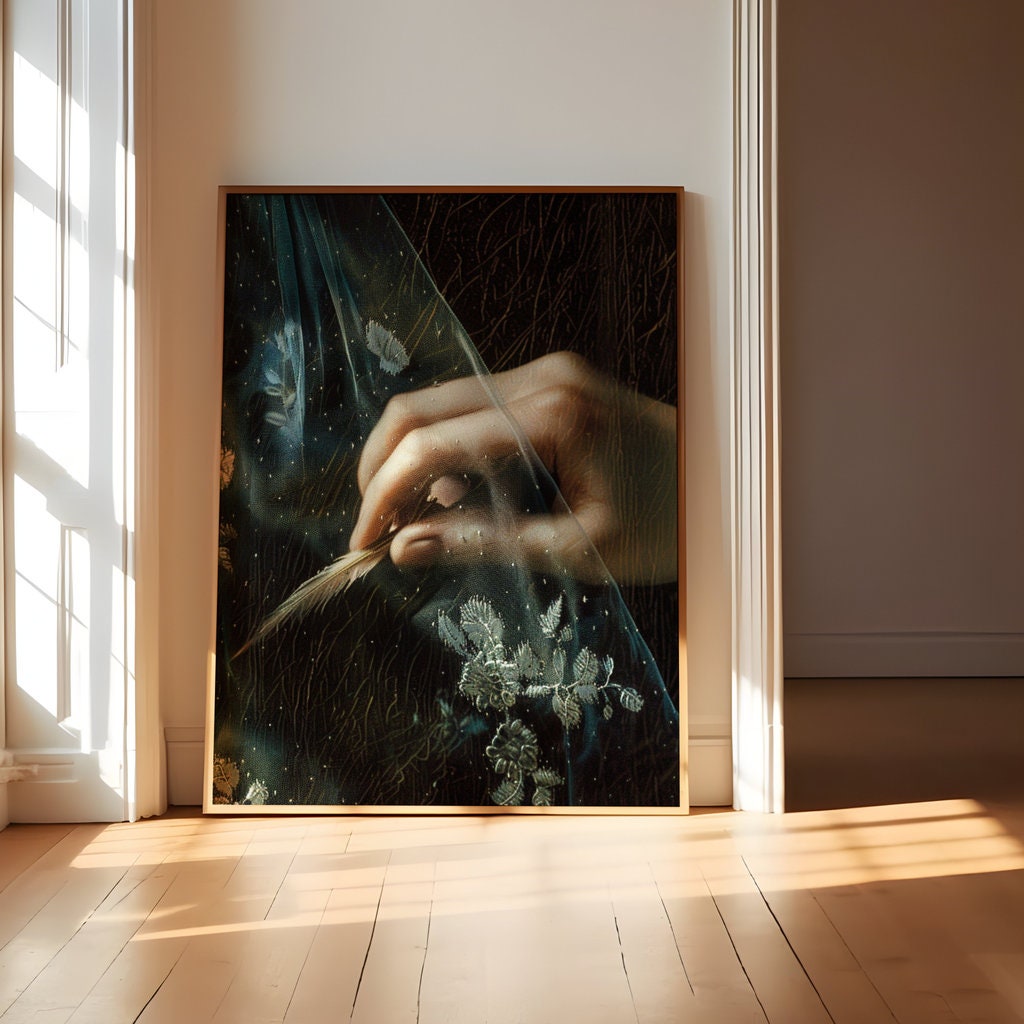 Whispering Grace Woman's Hand Holding Delicate Feather Behind Sheer Veil Interactive Wall Art