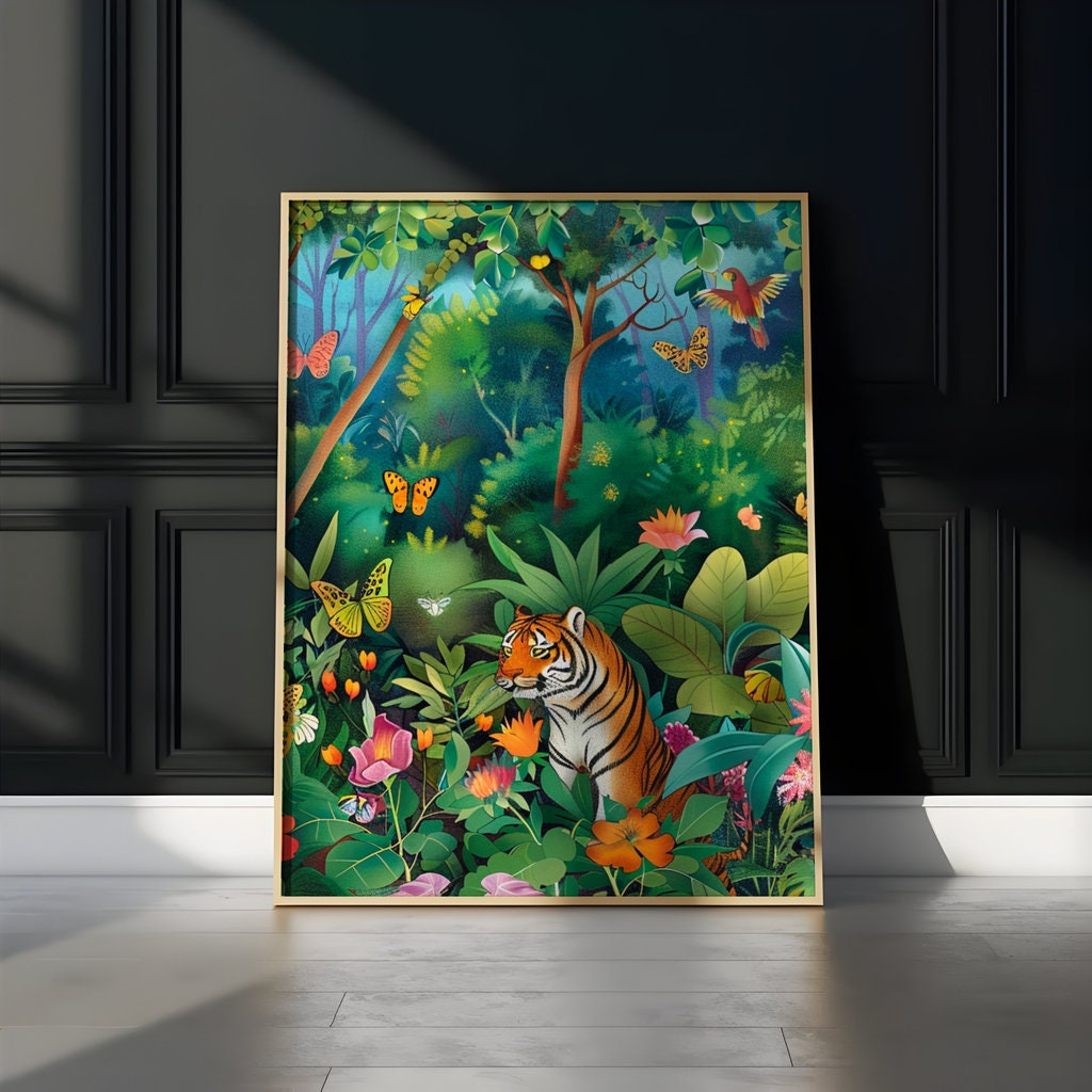 Tropical Majestic Bengal Tiger Surrounded by Lush Foliage Interactive Wall Art