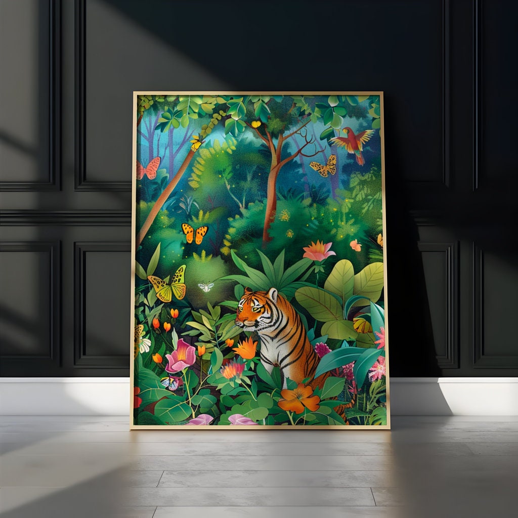 Jungle Majesty: Vibrant Bengal Tiger with Flowers & Butterflies | Exotic & Elegant Wall Art