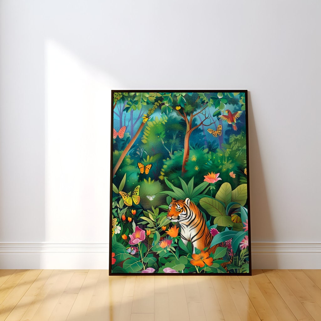 Jungle Majesty: Vibrant Bengal Tiger with Flowers & Butterflies | Exotic & Elegant Wall Art