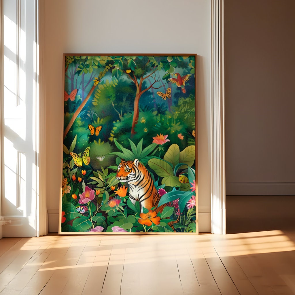 Tropical Majestic Bengal Tiger Surrounded by Lush Foliage Interactive Wall Art