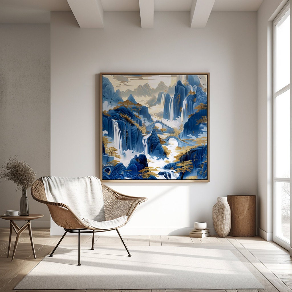 Golden Serenity: Chinese Mountain Landscape with Waterfalls | Traditional Blue & Gold Ink Painting