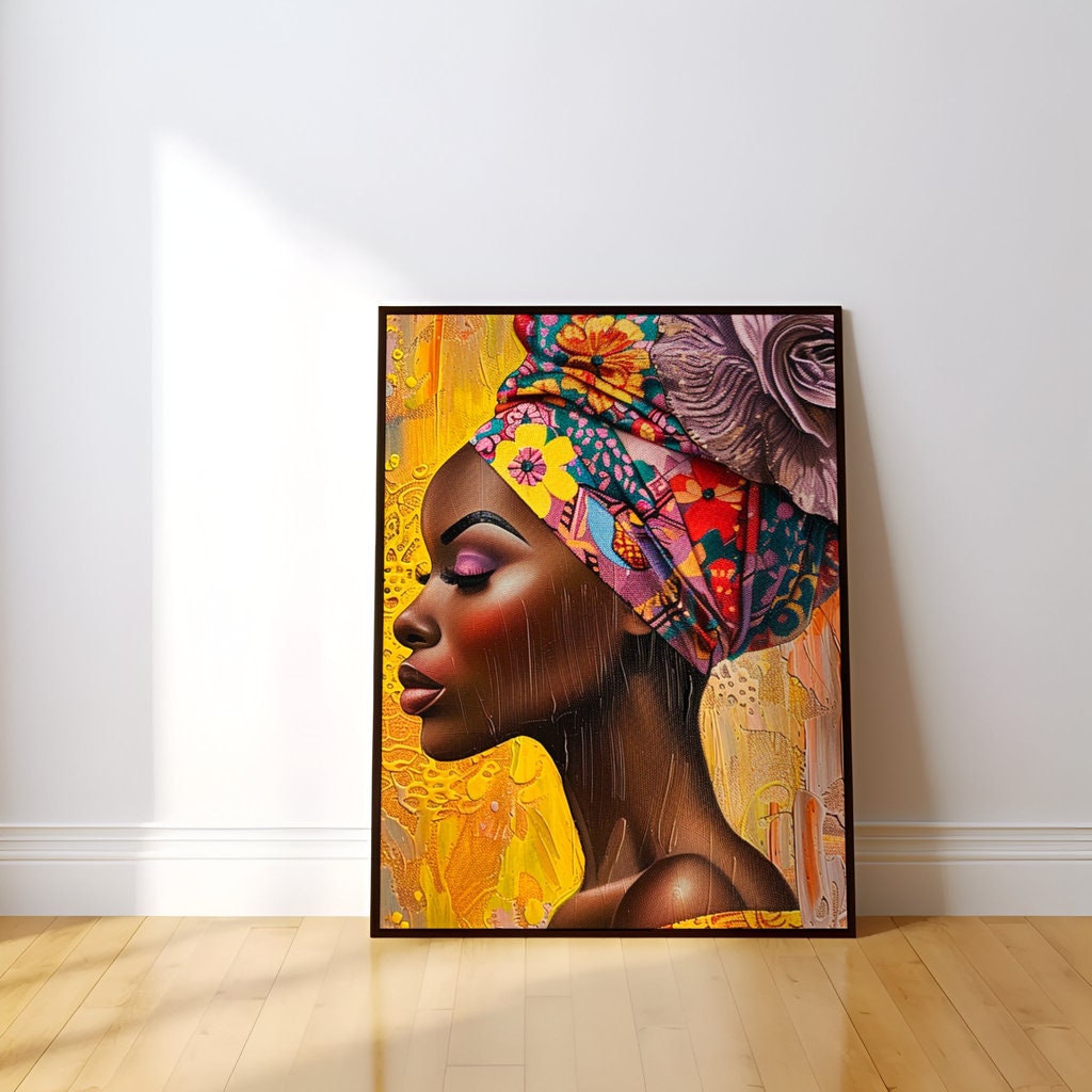 Radiant Tranquility: Black Woman with Floral Head Wrap | Vibrant & Serene Portrait Art