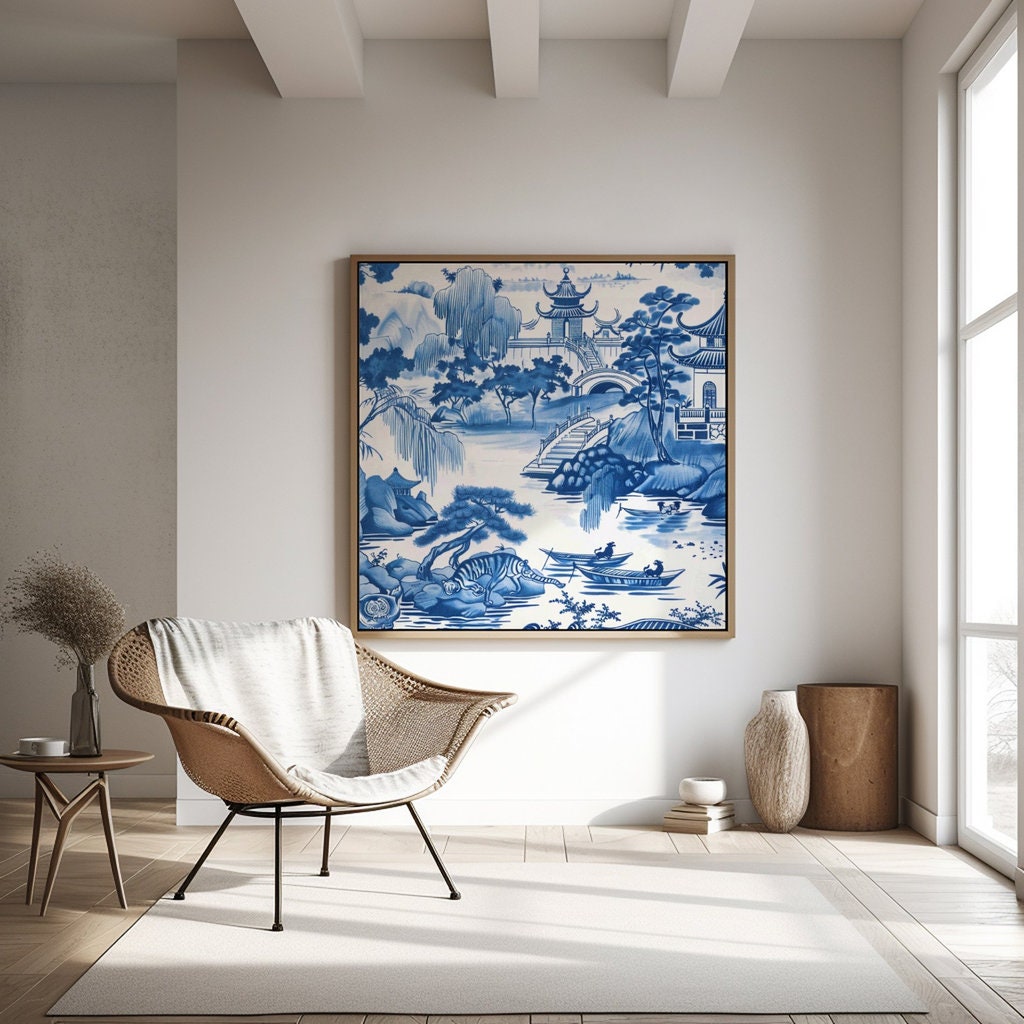 Porcelain Serenity Blue and White Chinese Landscape with Traditional Houses Interactive Wall Art