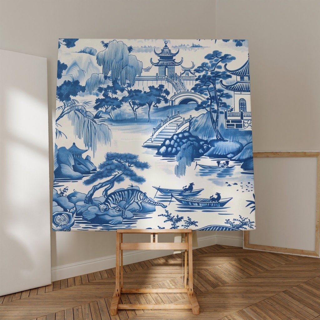 Porcelain Serenity Blue and White Chinese Landscape with Traditional Houses Interactive Wall Art