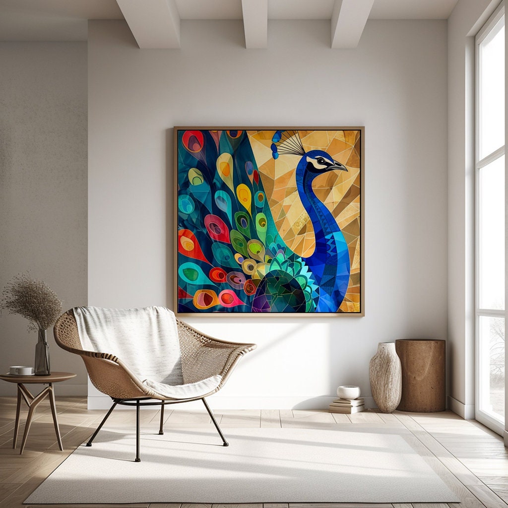 Peacock Splendor Majestic Vibrant Feathers Interactive Wall Art