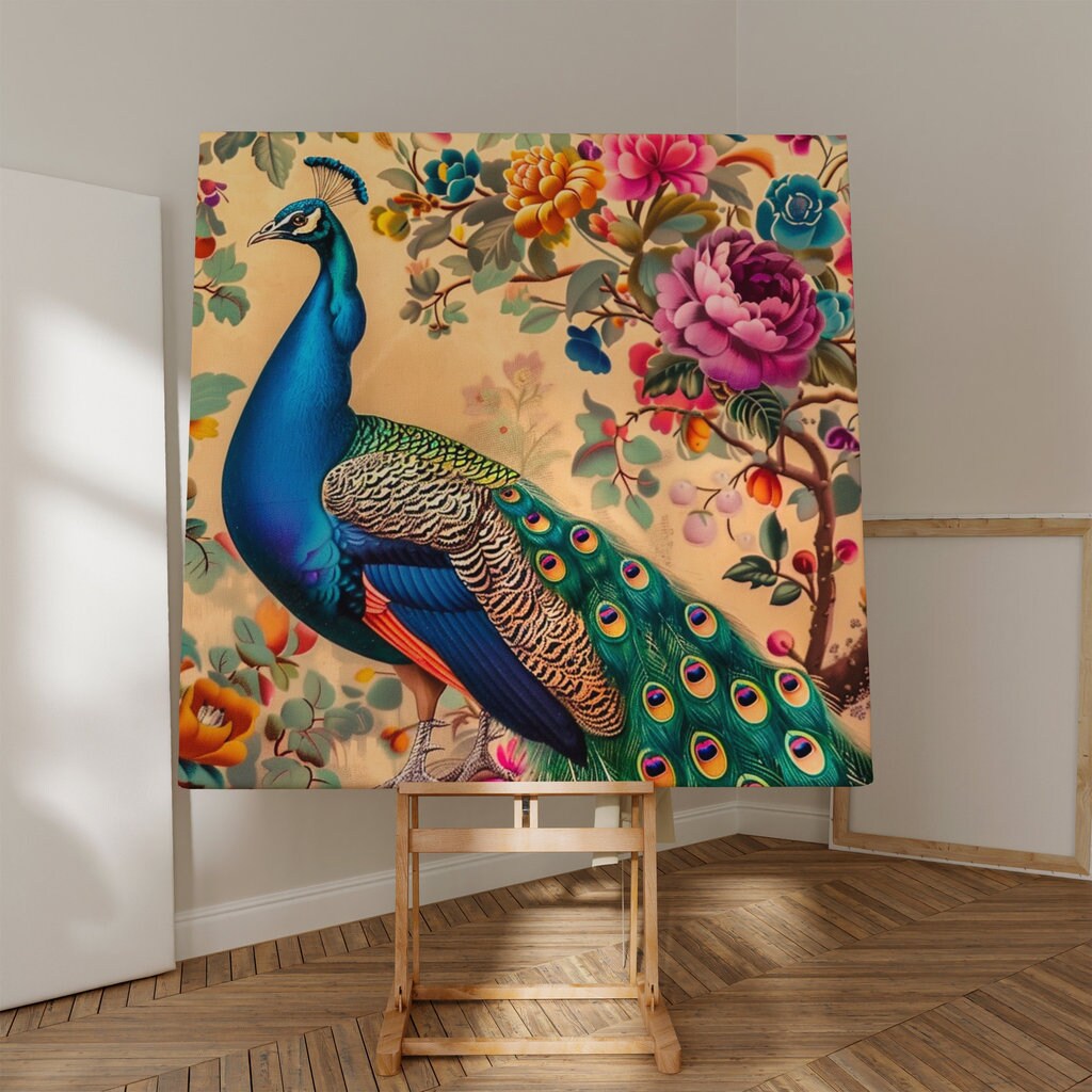 Peacock Majesty Vibrant Blue and Green Amid Lush Foliage Interactive Wall Art