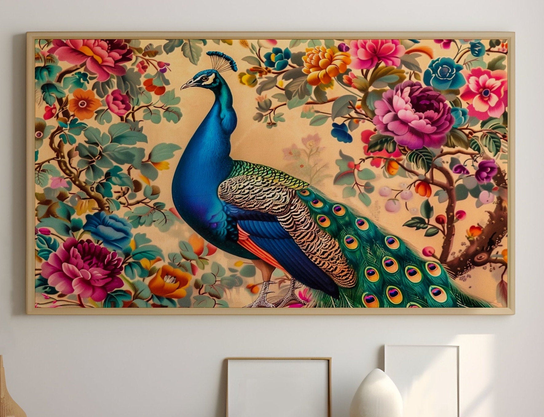 Peacock Majesty Vibrant Blue and Green Amid Lush Foliage Interactive Wall Art