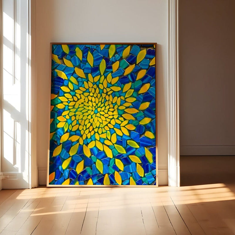 Abstract Mosaic Wall Art – Vibrant Blue And Yellow Mosaic Pattern | Radiant Modern Decor