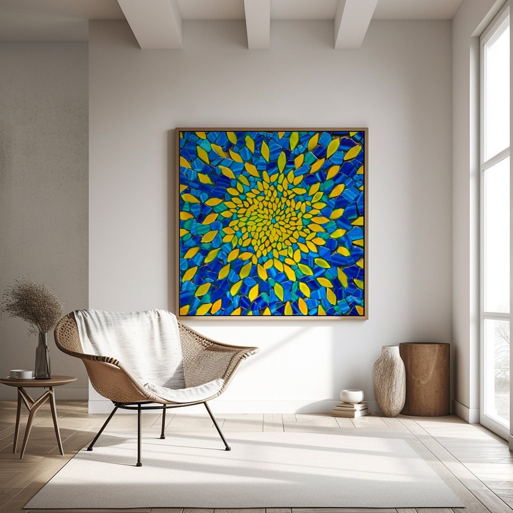 The Golden Vortex: Vibrant Blue & Yellow Abstract Mosaic | Radiant & Energetic Wall Art