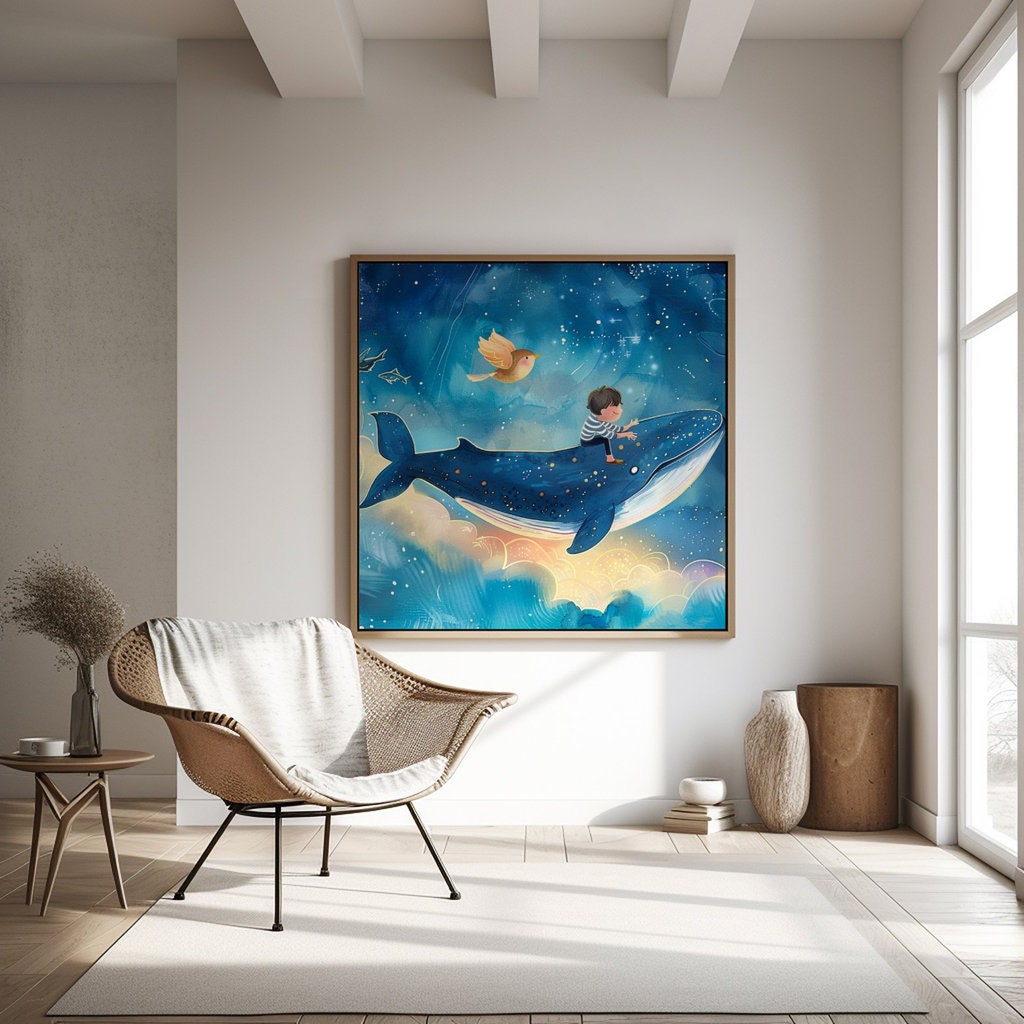 Whimsical Journey Boy Riding a Flying Whale in the Night Sky