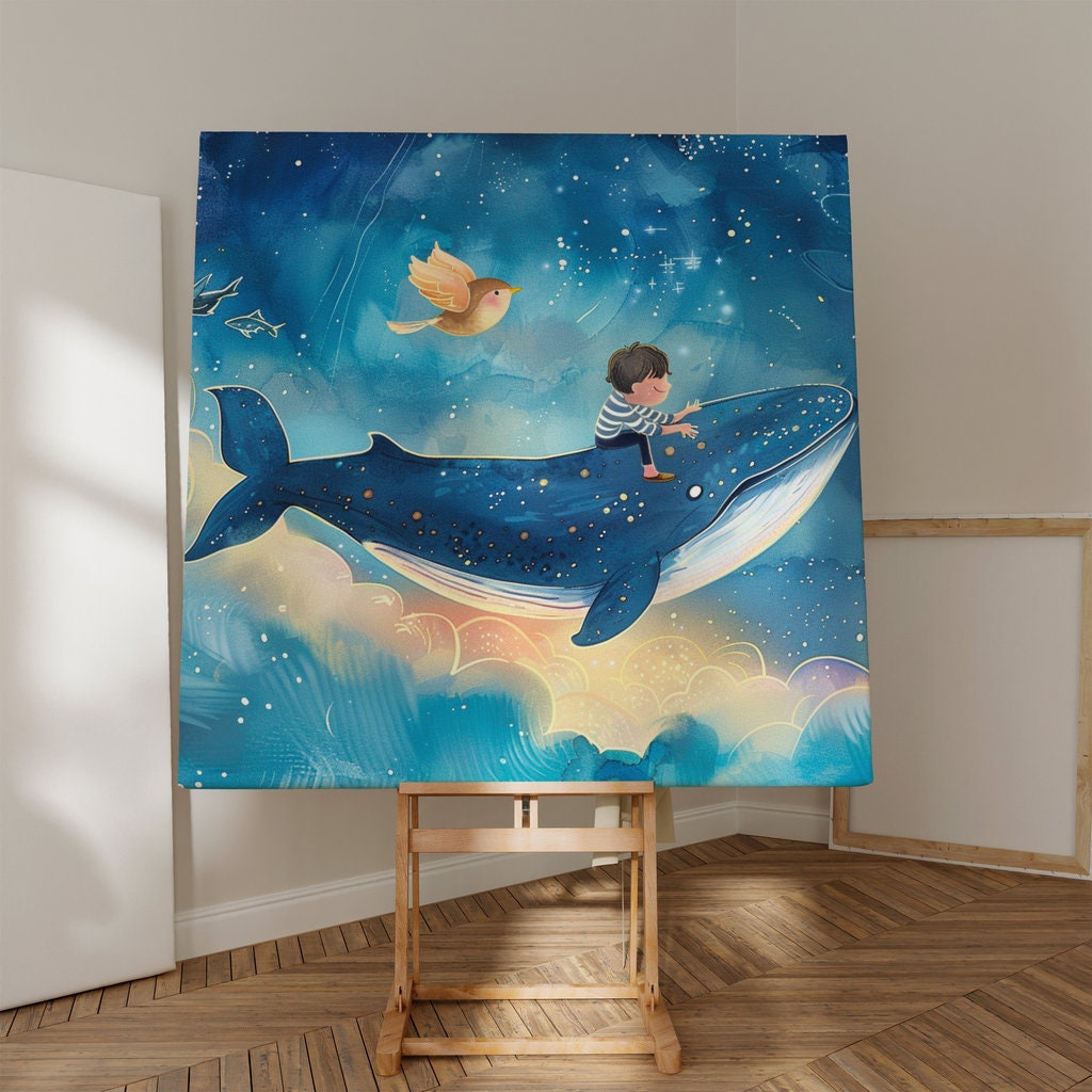 Whimsical Journey Boy Riding a Flying Whale in the Night Sky