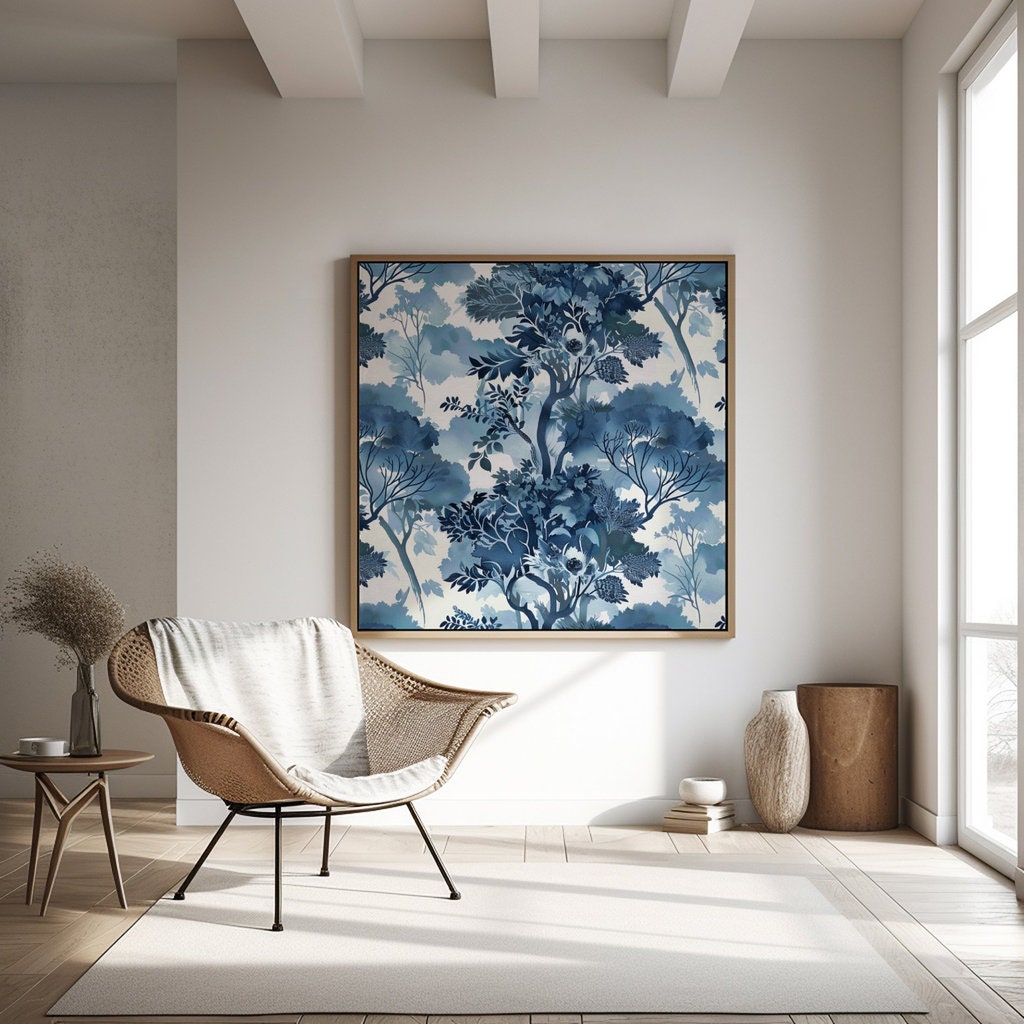 Ethereal Blue: Serene Watercolor Tree & Leaf Pattern | Tranquil & Elegant Wall Decor