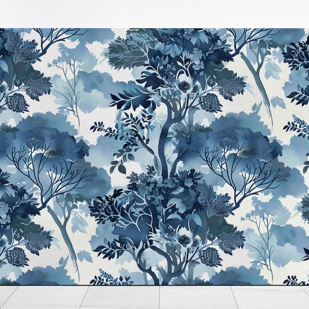 Ethereal Blue: Serene Watercolor Tree & Leaf Pattern | Tranquil & Elegant Wall Decor